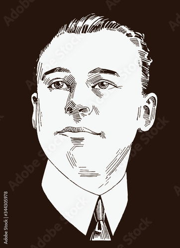 Portrait of a young man from the early 20th century in three-quarter front view, looking slightly upwards and wearing a collar and a tie in front of a dark background