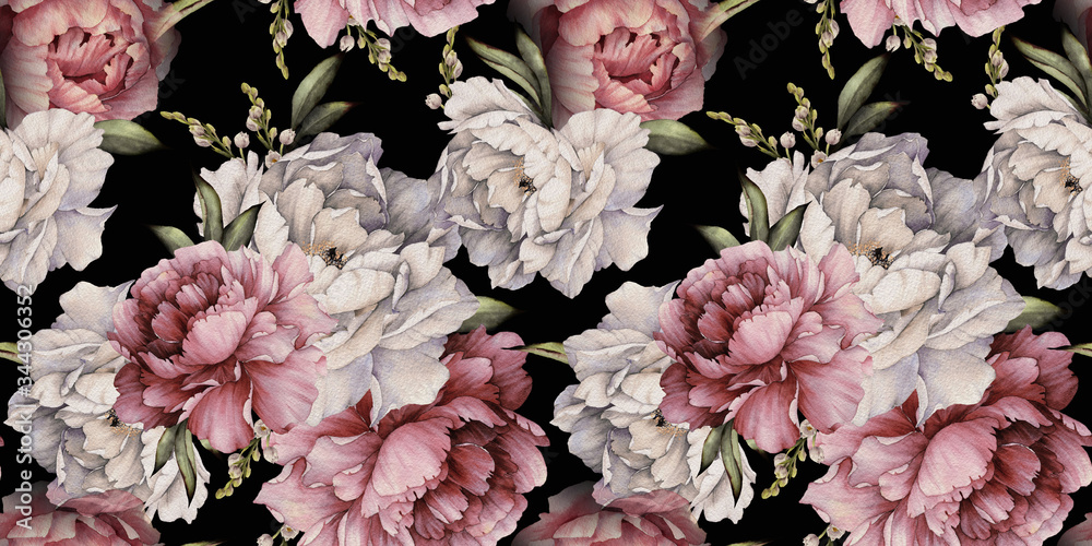 Seamless floral pattern with peonies on dark background, watercolor. Template design for textiles, interior, clothes, wallpaper. Botanical art - obrazy, fototapety, plakaty 