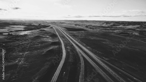 Driving the Open Roads (Drone Photo, Black & White)