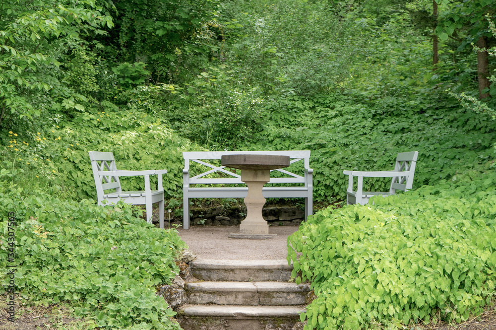 Benches and table in the park at Goethe's garden house in Weimar Benches and table in the park at Goethe's garden house in Weimar