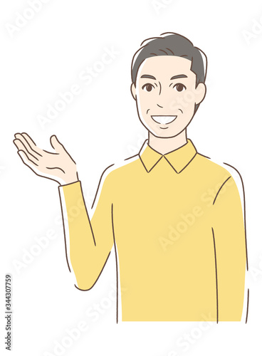 笑顔で手のひらを差し出す男性