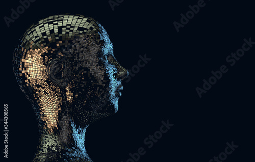 Fototapeta Naklejka Na Ścianę i Meble -  Technology and science abstract background.The head of cyborg over black background. 3d illustration.