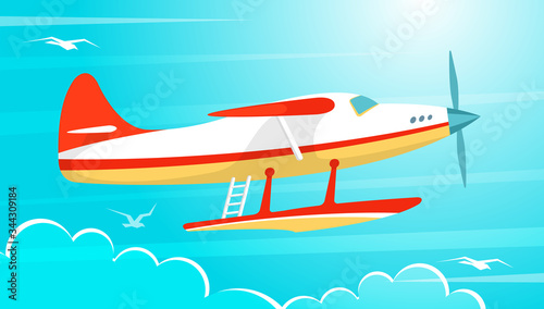 turboprop, single-engine aircraft in the blue sky, gaining altitude. Clouds and white seagulls in the sky. Vector illustration