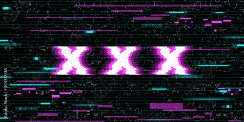 Inscription of triple X in a distorted glitch style. Vector illustration.