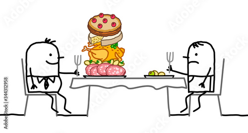 Cartoon fat man with a pile of food in his plate, sitting front of a thin one with a small plate