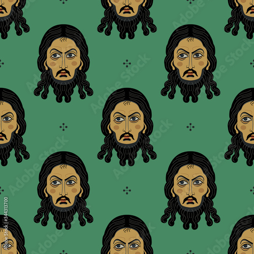 Seamless repeating pattern with heads of Jesus Christ. Russian Orthodox icon. Face of male saint.