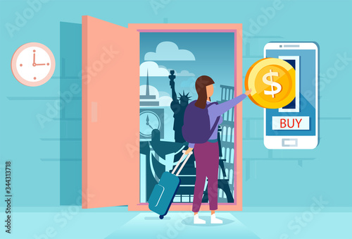 Vector of a tourist with suitcase opening a door to a vacation destination by paying online