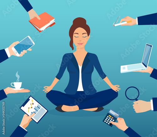 Vector of a business woman meditating to relieve stress of a busy office life