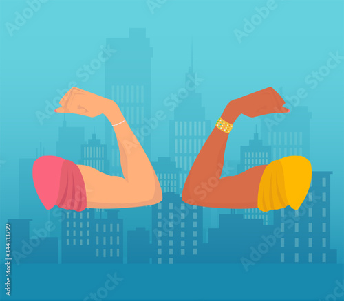 Vector of white and black women flexing their arms biceps showing strength