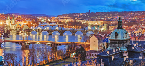 Prague capital city. Captivating night panorama of Prague s bridges in Czech Republic over Vltava river delta.