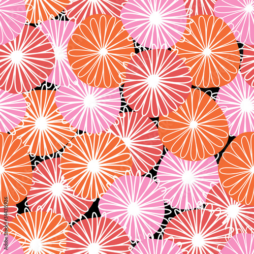 Seamless abstract flowers vector pattern. Bold florals red orange pink white Scandinavian flat style repeating background. Botanical minimalistic doodle flowers line art style. For fabric, home decor