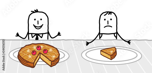 Cartoon rich man with a big pie in his plate next to a poor one with only one slice