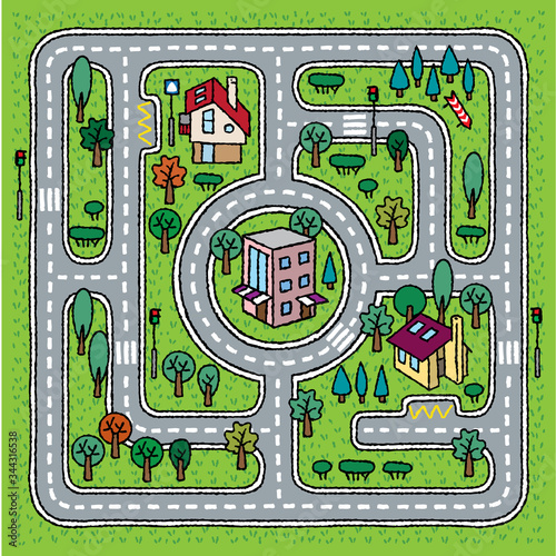 City pattern. Roads, houses and grass areas background photo