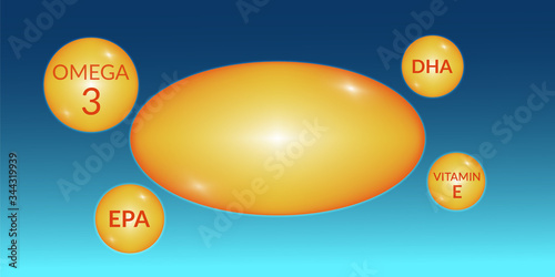 Concept vitamins, omega 3, fish oil, body health. Vector illustration of a transparent fish oil capsule,  omega-3, dha, epa, vitamin e inscription, on a blue background.
