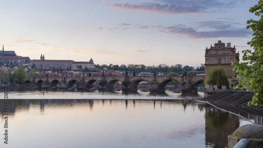 Panoramic view of Prague skyline, day to night transition 4k time lapse video. Historic Charles Bridge over Vltava river and Prague Castle gradually illuminated. Tranquil scene, capital of Czechia Panoramic view of Prague skyline, day to night transition 4k time lapse video. Historic Charles Bridge over Vltava river and Prague Castle gradually illuminated. Tranquil scene, capital of Czechia