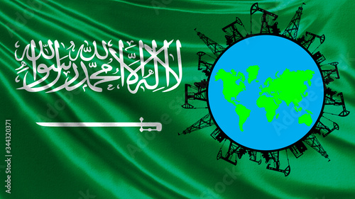 Globe with oil rigs on the background of the flag of Saudi Arabia. Oil production in Saudi Arabia. The main oil-exporting countries. Natural resource extraction in Saudi Arabia.