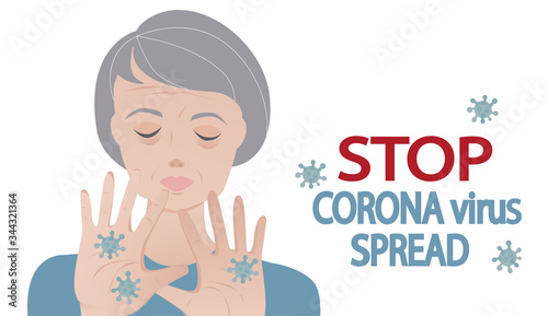 Stop Corona virus spread concept vector. Senior mature woman illustration.