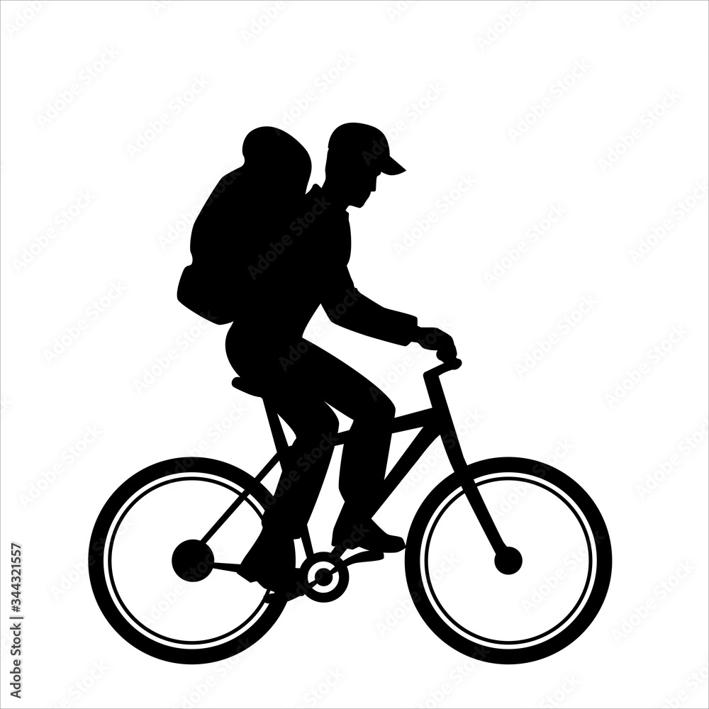 Obraz premium Vector logo silhouette of a cyclist on a white background. Pictogram tourist with large backpack rides bicycle. A man with a backpack rides a bicycle, vector.