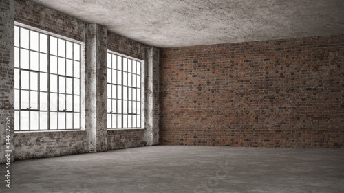 Empty, loft industrial grunge interior. Old brick walls and big windows.  Interior concept background . 3d Render photo