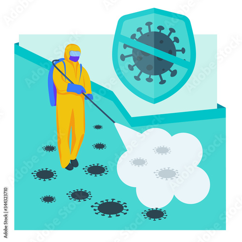 Disinfectant worker wear protective in hazmat suits cleaning and disinfecting coronavirus cells epidemic, virus concept. Square banner template. For page, social media information