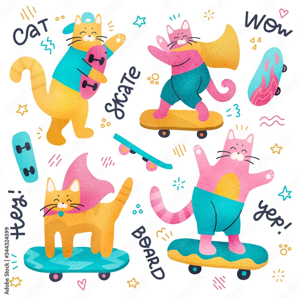 Naklejka premium Set of Cat skateboarders and different skateboards. Textured flat illustration Isolated on a white background with doodle decor and lettering