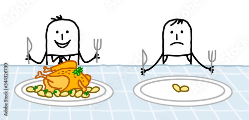 Cartoon healthy man with a big chicken in his plate next to a poor one with only two potatoes