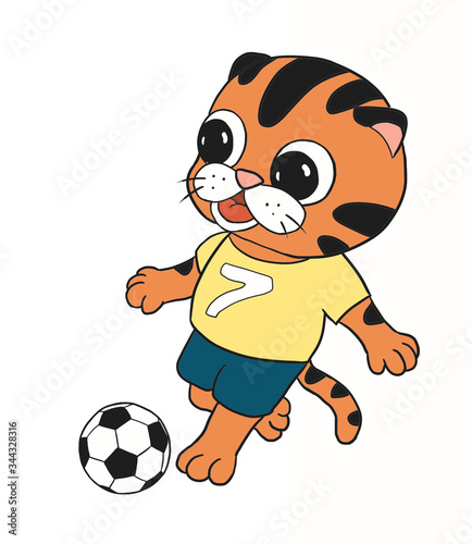 Cartoon cute orange baby tiger football player. Yellow t-shirt  blue pants. Black and white ball. Champion scores gaols. Perfect for design of boy s birthday  football fan party  scool gym  nursery. 