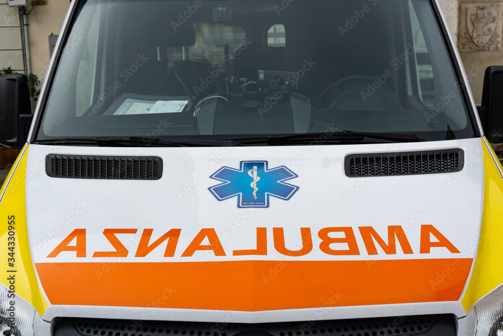 Ambulanza sign on a Italian ambulance car medical service in Tuscany, Italy, Europe