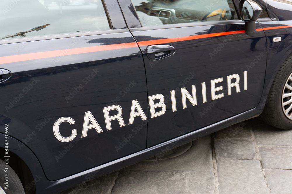 Carabinieri sign on a Italian police car in Florence, Tuscany, Italy, Europe
