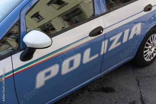 Polizia sign on a Italian police car in Florence, Tuscany, Italy, Europe