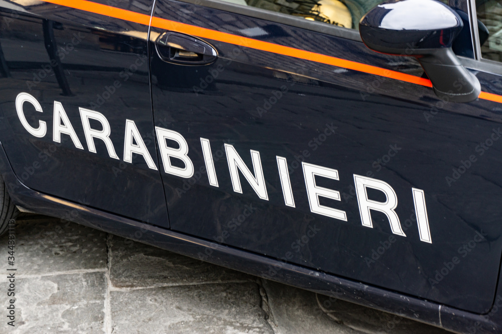 Carabinieri sign on a Italian police car in Florence, Tuscany, Italy, Europe
