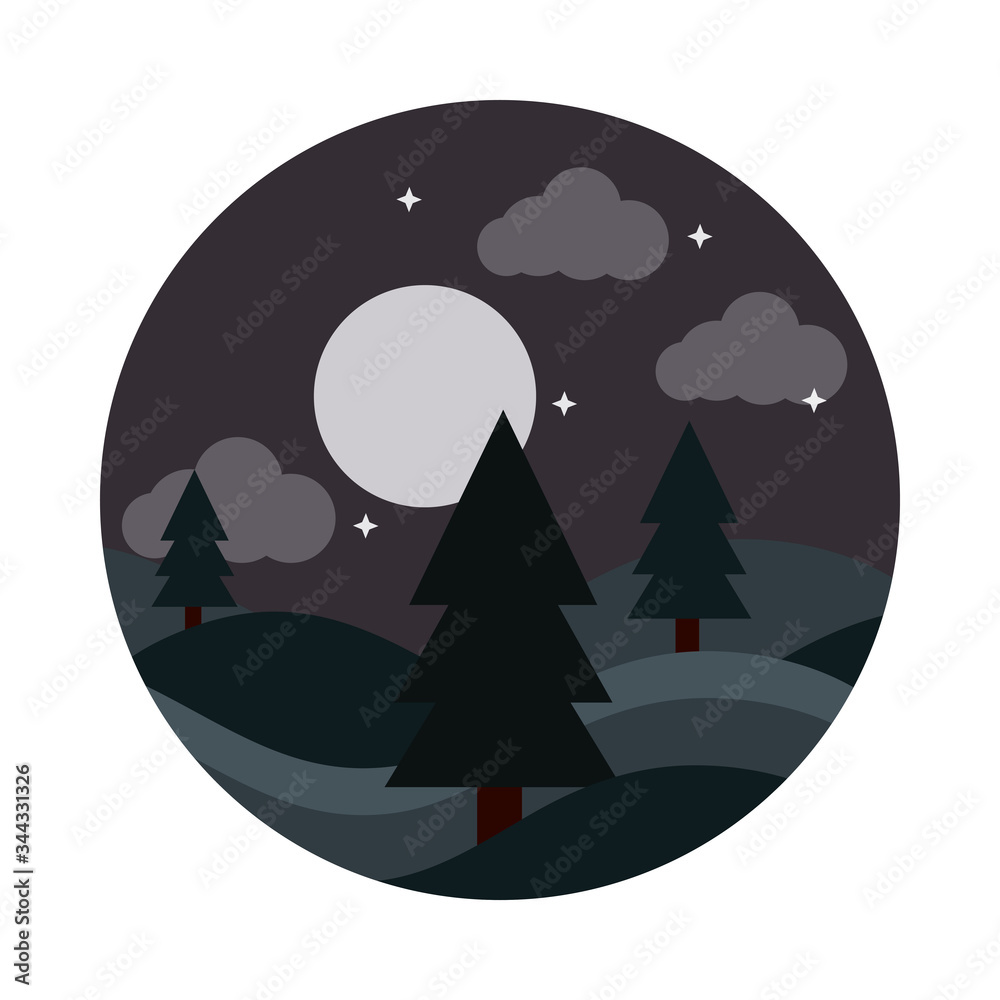 landscape nature night moon stars sky pine trees flat style icon