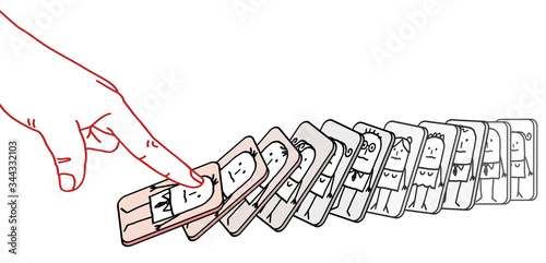 Big human finger pushing down cartoon people, like a domino effect