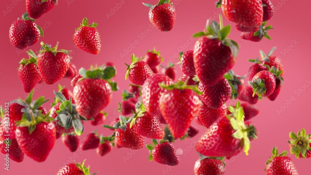 Flying of Strawberry in Light Fuchsia Background