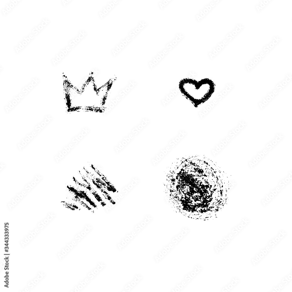 Vector illustration, hand drawn isolated elements set: crown, stain, heart, stroke. Grunge brush and pencil (chalk or charcoal) texture. Black silhouettes, tracing on white background. Vector illustration, hand drawn isolated elements set: crown, stain, heart, stroke. Grunge brush and pencil (chalk or charcoal) texture. Black silhouettes, tracing on white background.