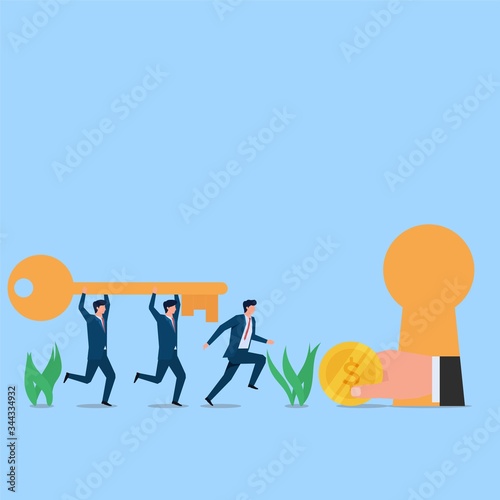 Manager and employee bring key to keyhole reward offering. Business flat vector concept illustration.