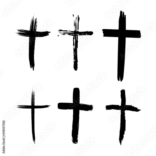 Fényképezés Set of hand-drawn black grunge cross icons, collection of simple Christian cross signs, hand-painted cross symbols