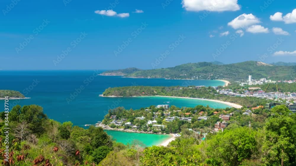 Magnificent scenic view over beautiful Andaman sea and three bays at Karon Viewpoint, Phuket, Thailand - Time Lapse Magnificent scenic view over beautiful Andaman sea and three bays at Karon Viewpoint, Phuket, Thailand - Time Lapse