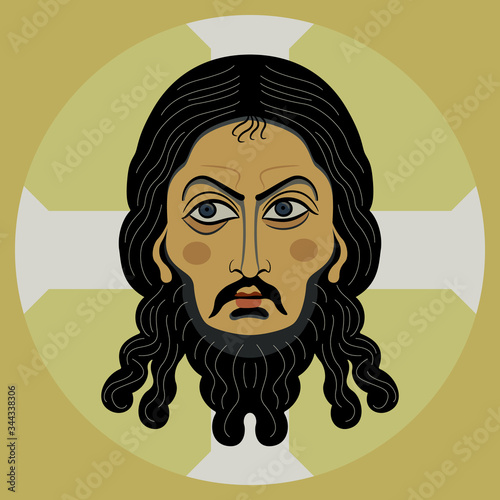 Isolated vector illustration. Head of Jesus Christ in cross nimbus. Russian Orthodox icon. Face of male saint. 