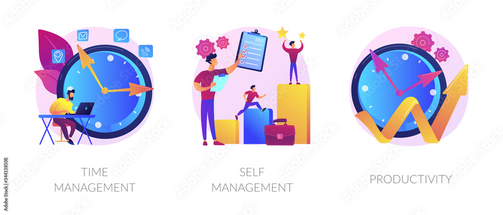 Naklejka Performance increase ways icons set. Motivation and self discipline, goal achievement. Time management, self management, productivity metaphors. Vector isolated concept metaphor illustrations.