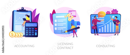 Financial audit and literacy. Financier, banker advising, bookkeeping. Agreement signing. Accounting, licensing contract, consulting metaphors. Vector isolated concept metaphor illustrations