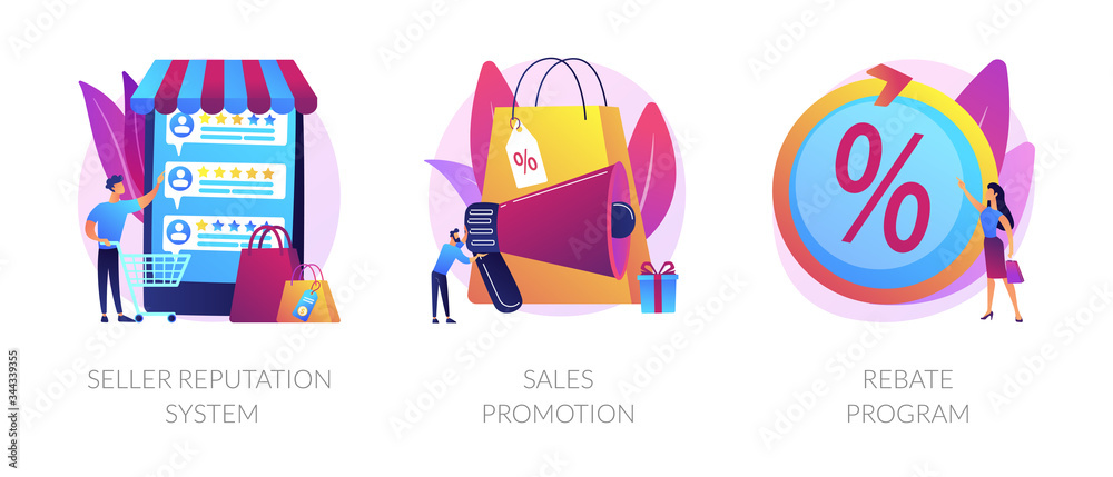 E commerce icons cartoon set. Online store discounts. Internet shopping. Seller reputation system, sales promotion, rebate program metaphors. Vector isolated concept metaphor illustrations E commerce icons cartoon set. Online store discounts. Internet shopping. Seller reputation system, sales promotion, rebate program metaphors. Vector isolated concept metaphor illustrations