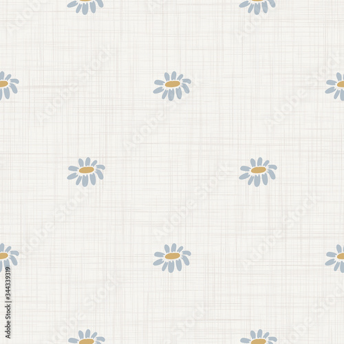 Seamless tossed floral pattern in french blue linen shabby chic style. Hand drawn country bloom texture. Rustic woven background. Kitchen towel home decor swatch. Simple flower motif all over print