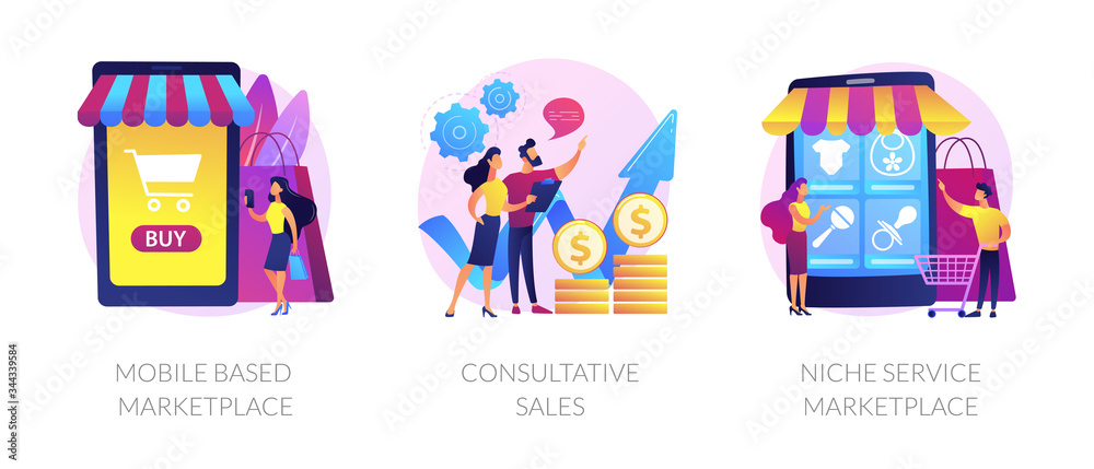 Retail business cartoon icons set. Online shop smartphone app. Mobile based marketplace, consultative sales, niche service marketplace metaphors. Vector isolated concept metaphor illustrations