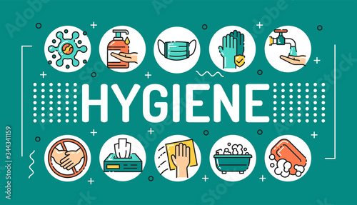 Hygiene word lettering typography. Infographics with linear icons on green background. Creative idea concept. Isolated outline color illustration