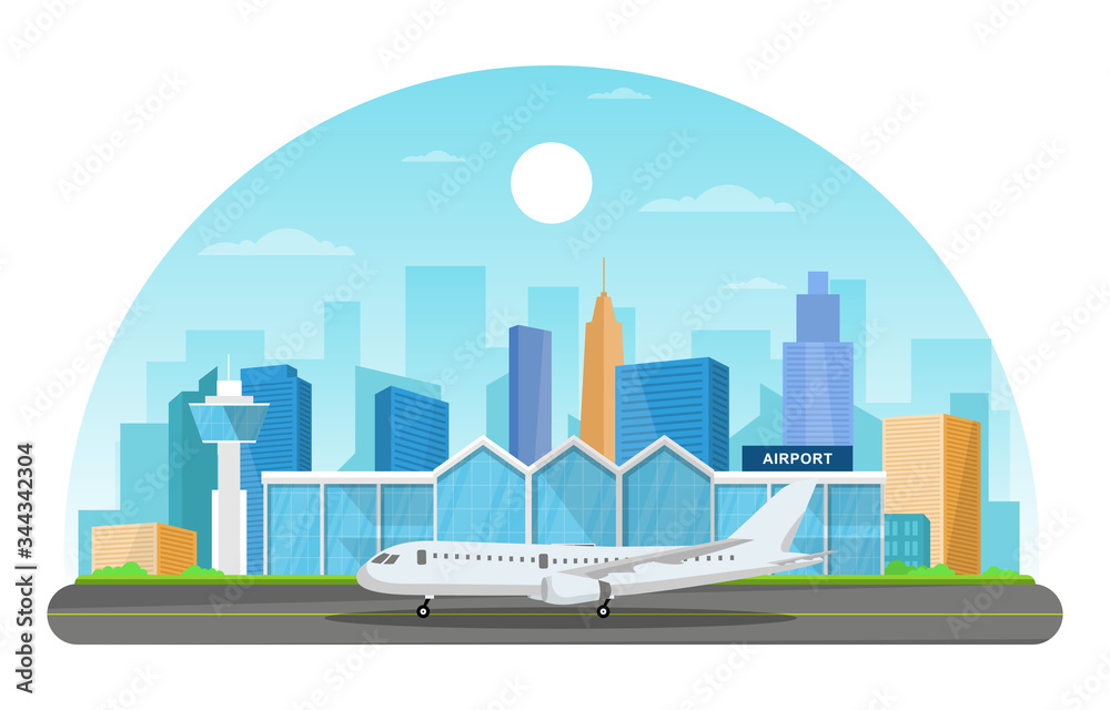 Aircraft Plane in Runway Airport Terminal Building Landscape Skyline Illustration Aircraft Plane in Runway Airport Terminal Building Landscape Skyline Illustration