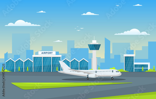 Aircraft Plane in Runway Airport Terminal Building Landscape Skyline Illustration