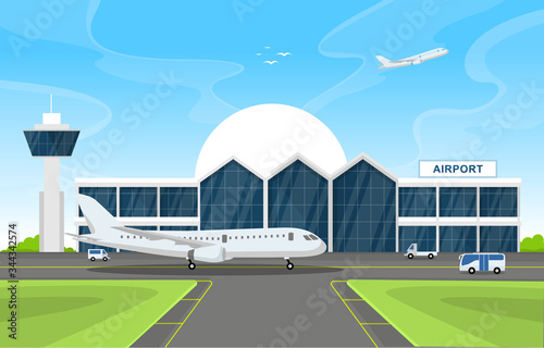 Aircraft Plane in Runway Airport Terminal Building Landscape Skyline Illustration