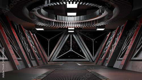 sci fi  corridor with view of space galaxy 3d rendering