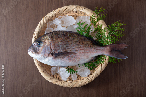 Tai, japanese fresh whole snapper on bamboo leaves photo